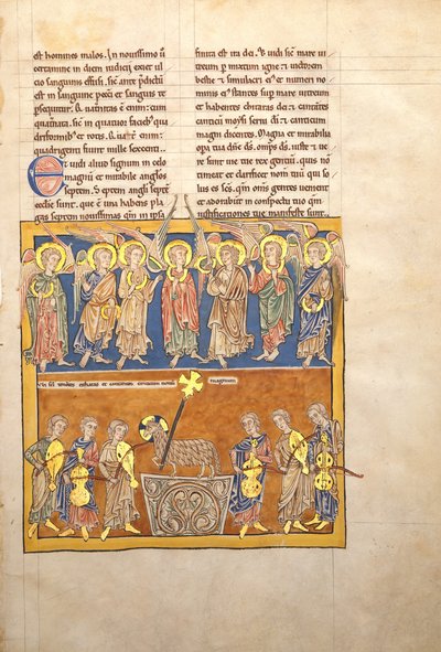 Kartka z rękopisu Błogosławionego: Siedmiu aniołów trzyma kielichy siedmiu ostatnich plag..., ca. 1180. autorstwa Unbekannt