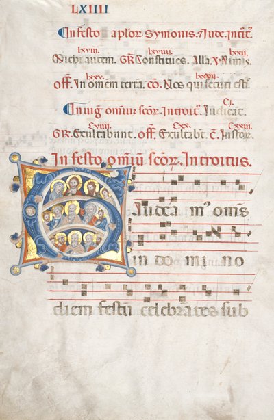 Kartka z Graduału: Inicjał G z Chrystusem, Dziewicą i Apostołami, c. 1300. autorstwa Unbekannt