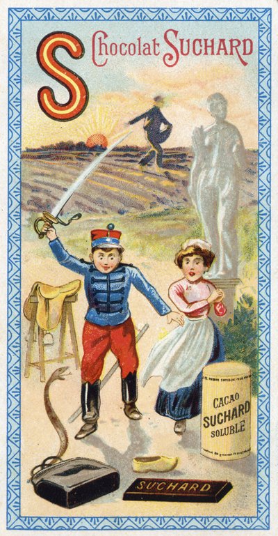 Litera S: słońce, siew, siewca, sługa, otępienie, żołnierz, miecz, siodło, wąż, posąg, kopyto, torba. Rycina alfabetu pod redakcją Chocolata Sucharda, początek XX wieku. 24 chromatografie przedstawiające miejsca, postacie i przedmioty do autorstwa Unbekannt