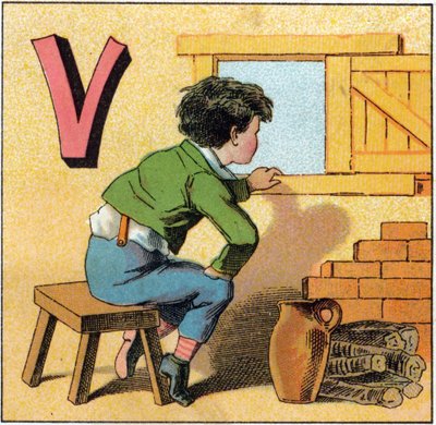 Litera V jako vasistas. Ciekawe dziecko patrząc przez okno. Grawer w „Alphabet des petits ecoliers”. Obraz Epinal, ok. 1885. Kolekcja Privee autorstwa Unbekannt