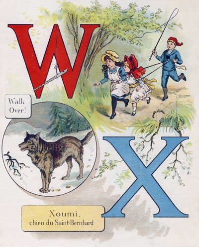 Litera W i X: Podejdź i Xoumi, pies św. Bernarda. Grawerowanie w "ABC L