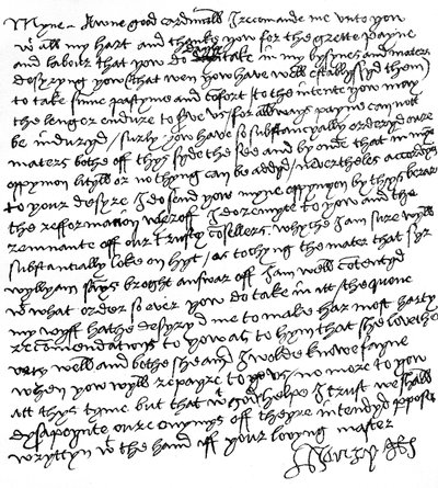 List króla Henryka VIII do kardynała Wolseya („Mój dobry kardynał”), w którym dziękuje mu za jego ciężką pracę, zachęca go do „rozrywki i pociechy” i wysyła przyjazne wiadomości od swojej żony, królowej Katarzyny Aragonii, ok. 1518 r. ( pióro i atrament na autorstwa Unbekannt