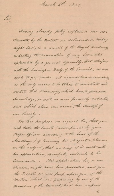 List do Benjamina Westa, prezesa Akademii Królewskiej, 1803 1904 autorstwa Unbekannt