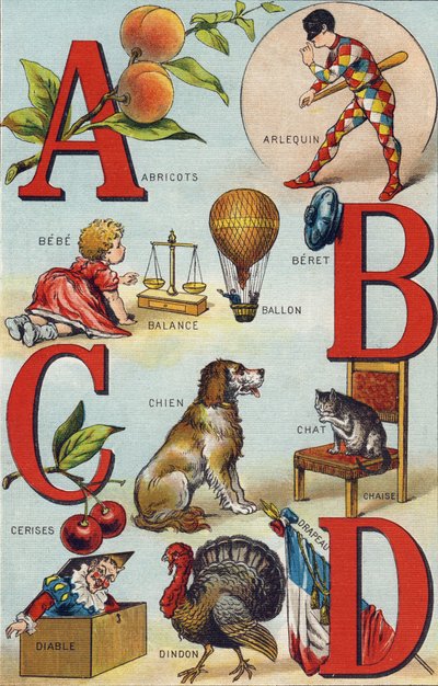 Litery A B C D; Morele; Arlekin; Saldo; Balon; Bebe; Wiśnie; Krzesło dla kota; Pies; Koc; Diabeł; Indyk; Flaga. Grawerowanie w "Alfabet de ma petite fille". Bernardin-Bechet i Fils, księgarz-wydawnictwo, Paryż, ok. 1895. Niezniszczalny album na puszce autorstwa Unbekannt