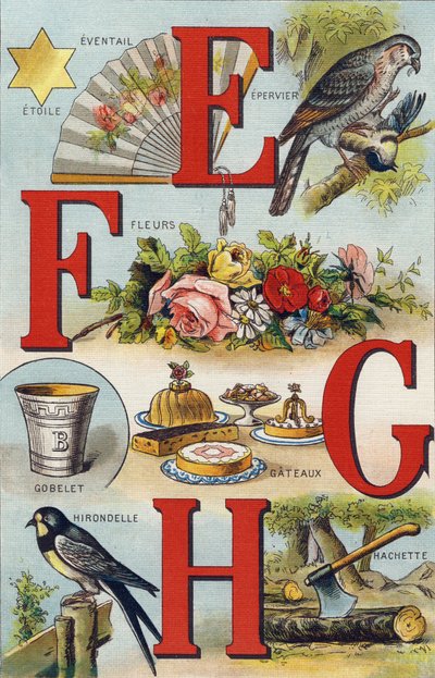 litery E F G H; Jaskółka; Miłośnik; Kwiaty; Ciastka; Filiżanka; Haszetka; Jaskółka. Grawerowanie w "Alfabet de ma petite fille". Bernardin-Bechet i Fils, księgarz-wydawnictwo, Paryż, ok. 1895. Niezniszczalny album na płótnie. Bibliotheque des Bebes. 12 str autorstwa Unbekannt