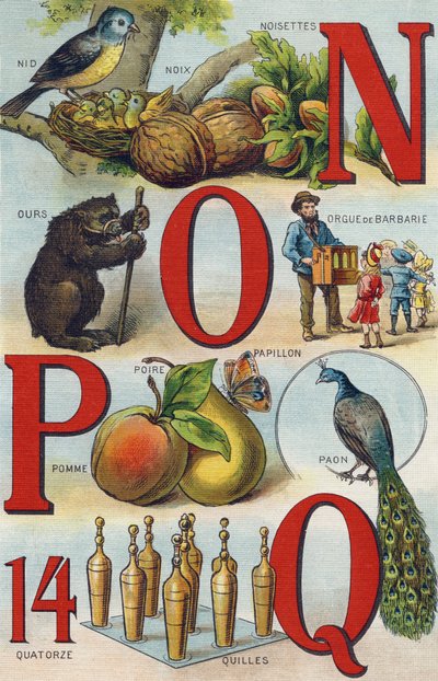 Litery N O P Q; Gniazdo; Orzechy laskowe; Pickly Organ; Niedźwiedź; Paw; Motyl Jabłko Gruszka; Kręgle. Grawerowanie w "Alfabet de ma petite fille". Bernardin-Bechet i Fils, księgarz-wydawnictwo, Paryż, ok. 1895. Niezniszczalny album na płótnie. Biblioteka  autorstwa Unbekannt