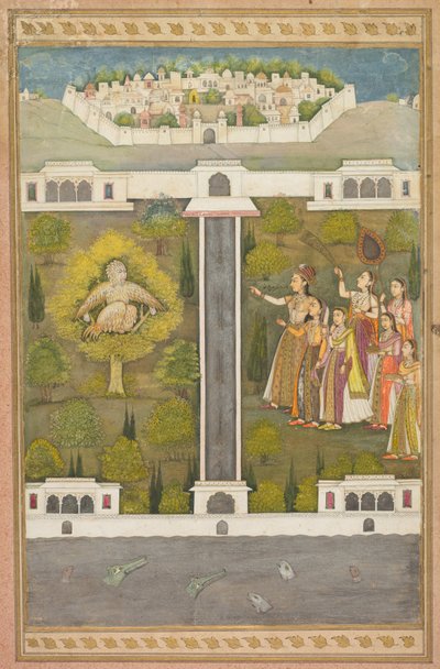 Mahliqa, córka cesarza Chin, Wskazując na człowieka-ptaka Khwaja Mubarak..., c. 1710. autorstwa Unbekannt