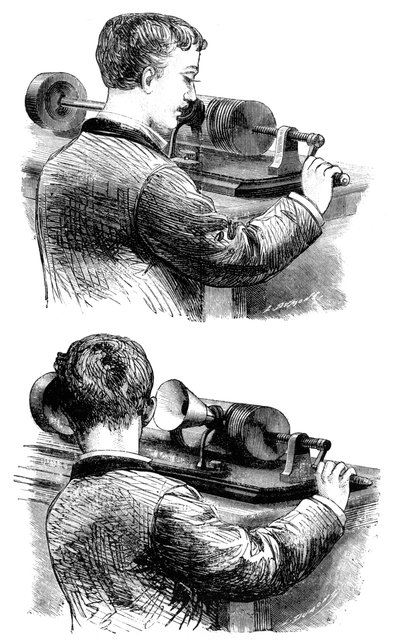 Nagrywanie i słuchanie pierwszego fonografu Edisona, 1878 autorstwa Unbekannt