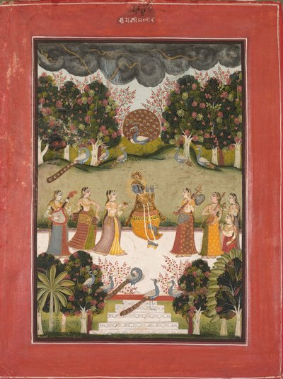 Malar Ragini: Krishna grający na flecie przed siedmioma gopi trzymającymi instrumenty muzyczne..., c. 1760. autorstwa Unbekannt