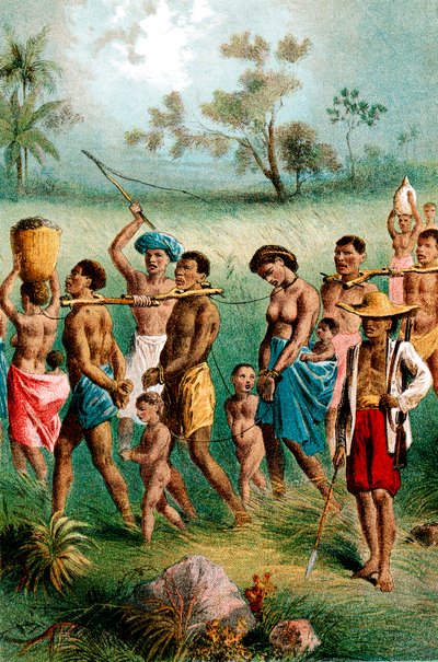 Więźniowie płci męskiej, żeńskiej i dziecięcej wpędzeni w niewolę przez arabskich handlarzy niewolnikami, ok. 1875 r. autorstwa Unbekannt