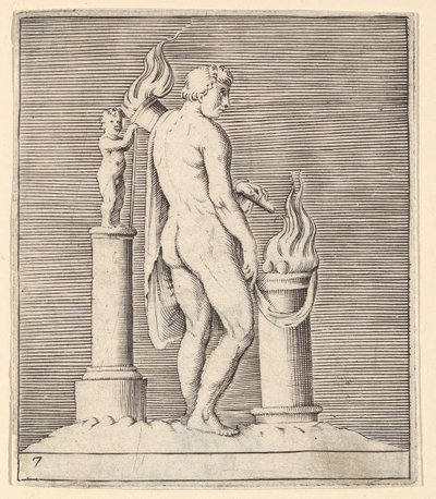 Człowiek z pochodnią między płonącym ołtarzem a statuetką, wyd. 1599-1622. autorstwa Unbekannt