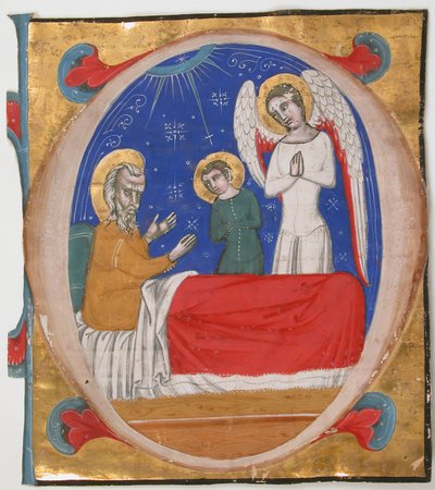 Iluminacja rękopisu z Tobitem, Tobiaszem i Archaniołem Rafałem w inicjałowym O..., poł. XIV w. autorstwa Unbekannt