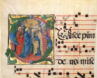 Iluminacja rękopisu z Ofiarowaniem w Świątyni w inicjale S, z Graduału, 1450-60. autorstwa Unbekannt