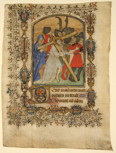 Kartka rękopisu z Księgi Godzin... Iluminowany inicjał D i Chrystus niosący krzyż, 1390-140 autorstwa Unbekannt
