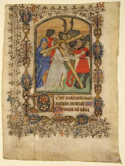 Kartka rękopisu z Księgi Godzin przedstawiających oświetlony inicjał D i Chrystus..., 1390-1400. autorstwa Unbekannt