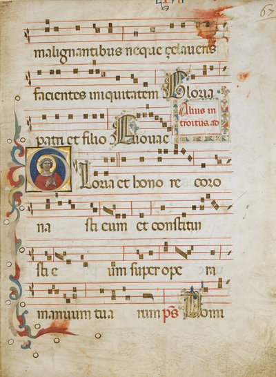 Karta rękopisu ze świętą kobietą, być może Dorota w inicjale G, z Graduału, ca. 1330-40. autorstwa Unbekannt