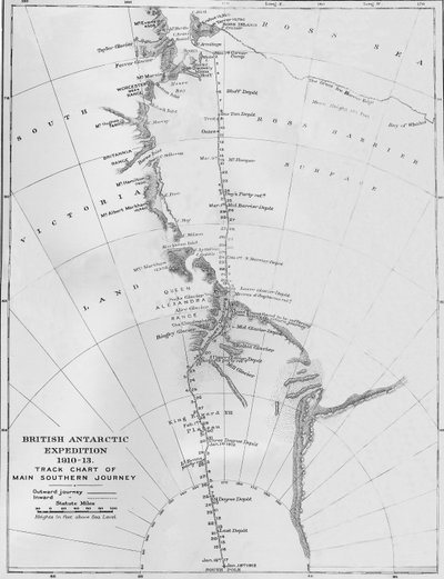 Mapa - Brytyjska Ekspedycja Antarktyczna 1910-13. Wykres śladu głównej podróży na południe, 1913 autorstwa Unbekannt