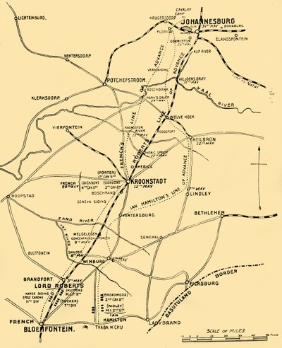 Mapa przedstawiająca linie natarcia od Bloemfontein do Pretorii, 1901. autorstwa Unbekannt