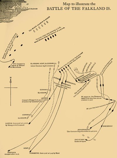 Mapa ilustrująca bitwę o Falklandy z 8 grudnia 1914 r., ok. 1920 r. autorstwa Unbekannt