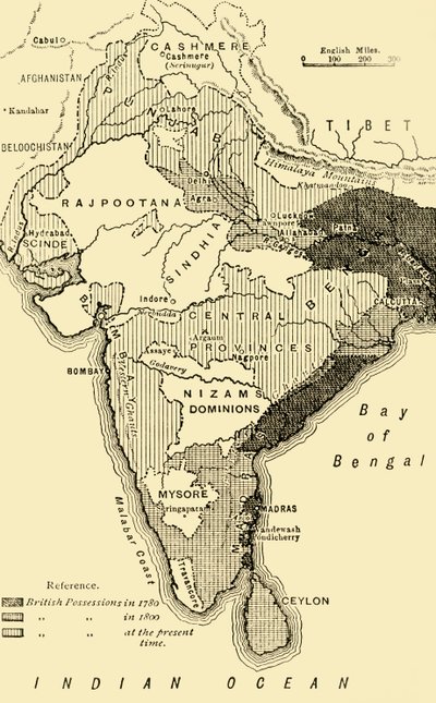 Mapa Indii, przedstawiająca brytyjskie posiadłości w latach 1780, 1800, a obecnie 1890. autorstwa Unbekannt