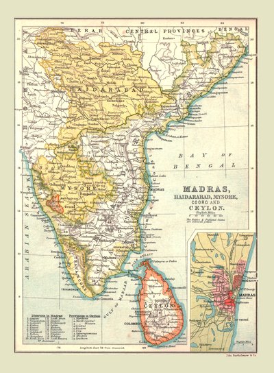 Mapa Madrasu, Hyderabadu, Mysore, Coorg i Cejlonu, 1902. autorstwa Unbekannt
