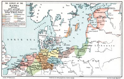 Mapa zasięgu Ligi Hanzeatyckiej około 1400 autorstwa Unbekannt