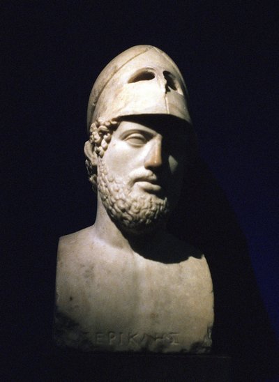 Marmurowe popiersie portretowe Peryklesa (Peryklesa) ateńskiego męża stanu (c490-429 pne). Roman II wpne (rzeźba podobno pochodzi z willi Hadriana w Tivoli, Lacjum, Włochy) autorstwa Unbekannt