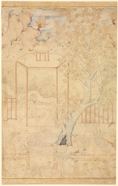 Mistrz i uczeń w pawilonie ogrodowym, ilustracja na jednej stronie, c. 1570-1590. autorstwa Unbekannt