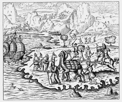 Kupcy przewożący towary na wybrzeże i oczekujący statek na wielbłądach, 1575 autorstwa Unbekannt