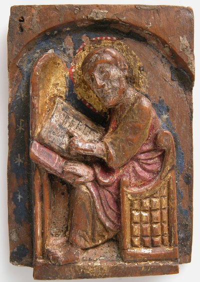 Miniaturowa płaskorzeźba świętego Łukasza przy jego stole do pisania, 1200-1225. autorstwa Unbekannt