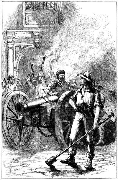 Tłum strzelający z armaty przed gmachem sądu, w którym więziony był Alexander McLeod, 1840 c1880 autorstwa Unbekannt