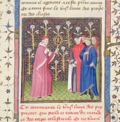 Ms 251 f.135r Pięciu mężczyzn, jeden trzymający sferę armilarną, z „Des Proprietez des Choses”, c.1415 (welum) autorstwa Unbekannt