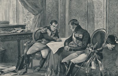 Napoleon i Aleksander w Tilsit studiują mapę Europy, 1807, 1896 autorstwa Unbekannt