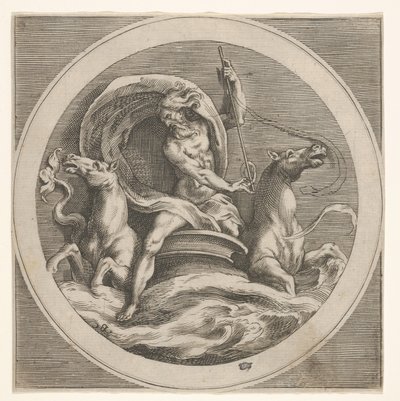 Neptun wznoszący się z morza i niosący laskę, w towarzystwie dwóch końskich łbów…, ca. 1550-1600. autorstwa Unbekannt