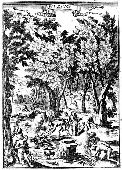 Północnoamerykańscy Indianie Huron polujący i przygotowujący jedzenie w lesie, 1686 autorstwa Unbekannt