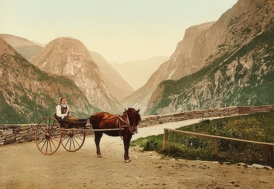 Norweska wieśniaczka na wozie ciągniętym przez konie. Około 1900. Fotochrom. Fotografia autorstwa Photoglob / Zurych autorstwa Unbekannt