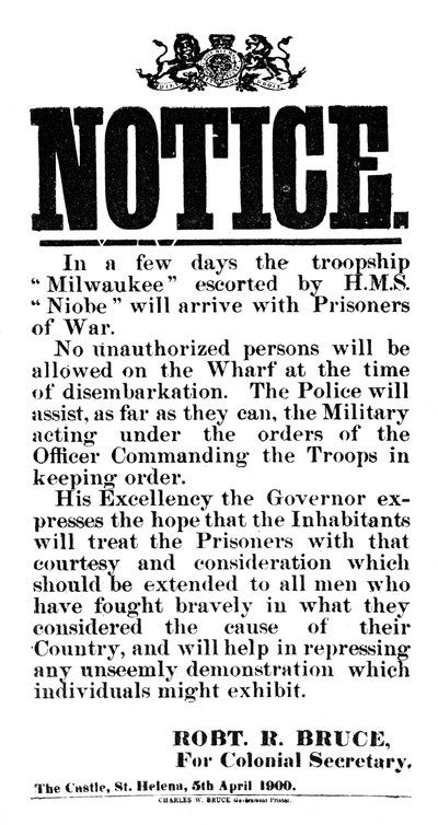 Zawiadomienie o przybyciu burskich jeńców wojennych na Milwaukee, St Helena, 5 kwietnia 1900 autorstwa Unbekannt