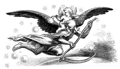 Stary Ojciec Czas z kosą, niosący Nowy Rok, 1870 autorstwa Unbekannt