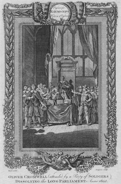 Oliver Cromwell w towarzystwie Miasta Żołnierzy rozwiązującego Długi Parlament. Anno 1653, c1787 autorstwa Unbekannt