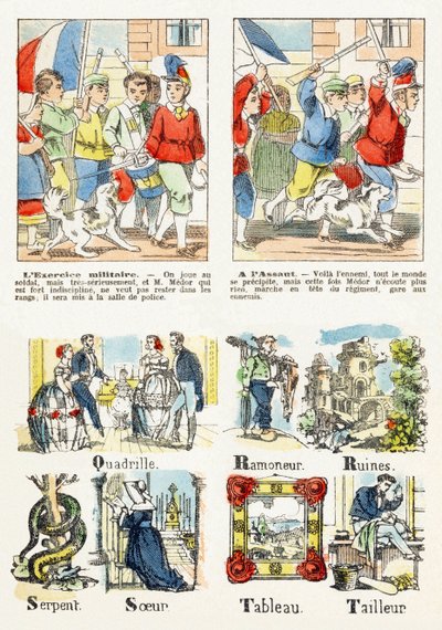 Strona 7 - gry dla dzieci: ćwiczenia wojskowe, W ataku - Alfabet - Rozrywka dla dzieci - Epinal imagery, popularny serial, ok. 1890 r. autorstwa Unbekannt