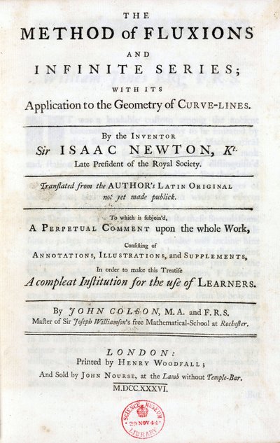 Strona tytułowa „Metody fluksji i szeregów nieskończonych” Isaaca Newtona (1642-1727), opublikowanej w Londynie w 1736 roku, zawierającej główne teorie, które miały znaczący wpływ na nauki: twierdzenie dwumianowe, trzy uniwersalne prawa m autorstwa Unbekannt