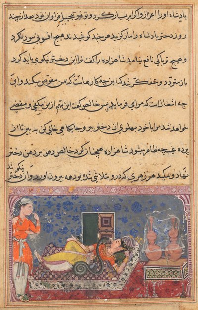 Strona z Tales of a Parrot Tuti-nama: Osiemnasta noc: Khalis odpłaca się..., c. 1560. autorstwa Unbekannt