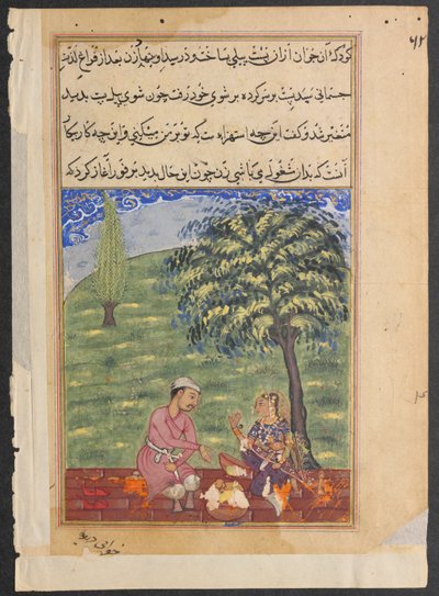 Strona z Tales of a Parrot Tuti-nama: Ósma noc: Niewierna żona wyjaśnia..., c. 1560. autorstwa Unbekannt