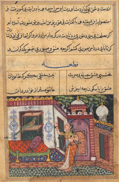 Strona z Tales of a Parrot Tuti-nama: Jedenasta noc: Papuga zwraca się do Khujasta..., ok. 1930. 1560. autorstwa Unbekannt