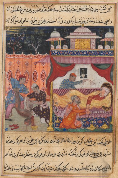 Strona z Tales of a Parrot Tuti-nama: Piąta noc: Małpa zabita, jego krew..., c. 1560. autorstwa Unbekannt