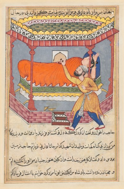 Strona z Tales of a Parrot Tuti-nama: Pięćdziesiąta noc: Król umieszcza talizman..., ok. godz. 1560. autorstwa Unbekannt
