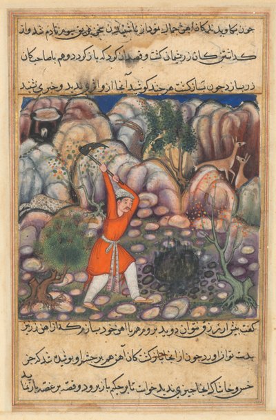 Strona z Tales of a Parrot Tuti-nama: Czterdziesta siódma noc: Czwarty mężczyzna kopie..., ok. godz. 1560. autorstwa Unbekannt