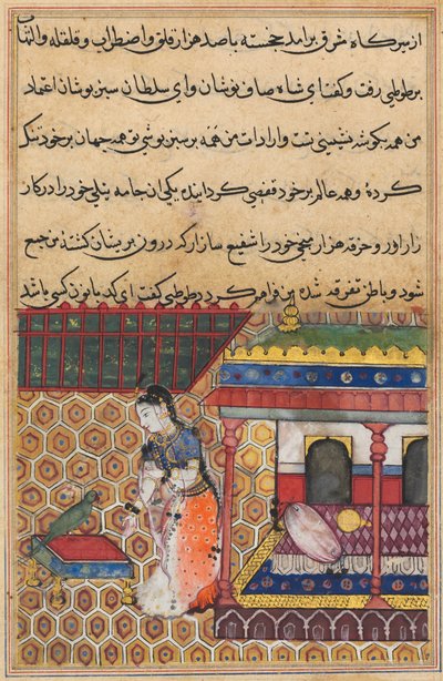 Strona z Tales of a Parrot Tuti-nama: Trzydzieści ósmej nocy: Papuga zwraca się do Khujasta, ok. 1560. autorstwa Unbekannt
