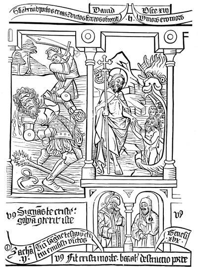 Strona Biblia Pauperum Biblia Ubogich Ludów, XV wiek autorstwa Unbekannt