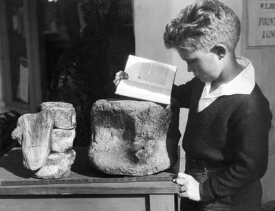 Palos Verdes, Kalifornia: ok. 1927. Młody chłopiec studiuje archeologię przy użyciu skamieniałych prehistorycznych kręgów znalezionych na pobliskich wzgórzach. (zdjęcie czarno-białe) autorstwa Unbekannt
